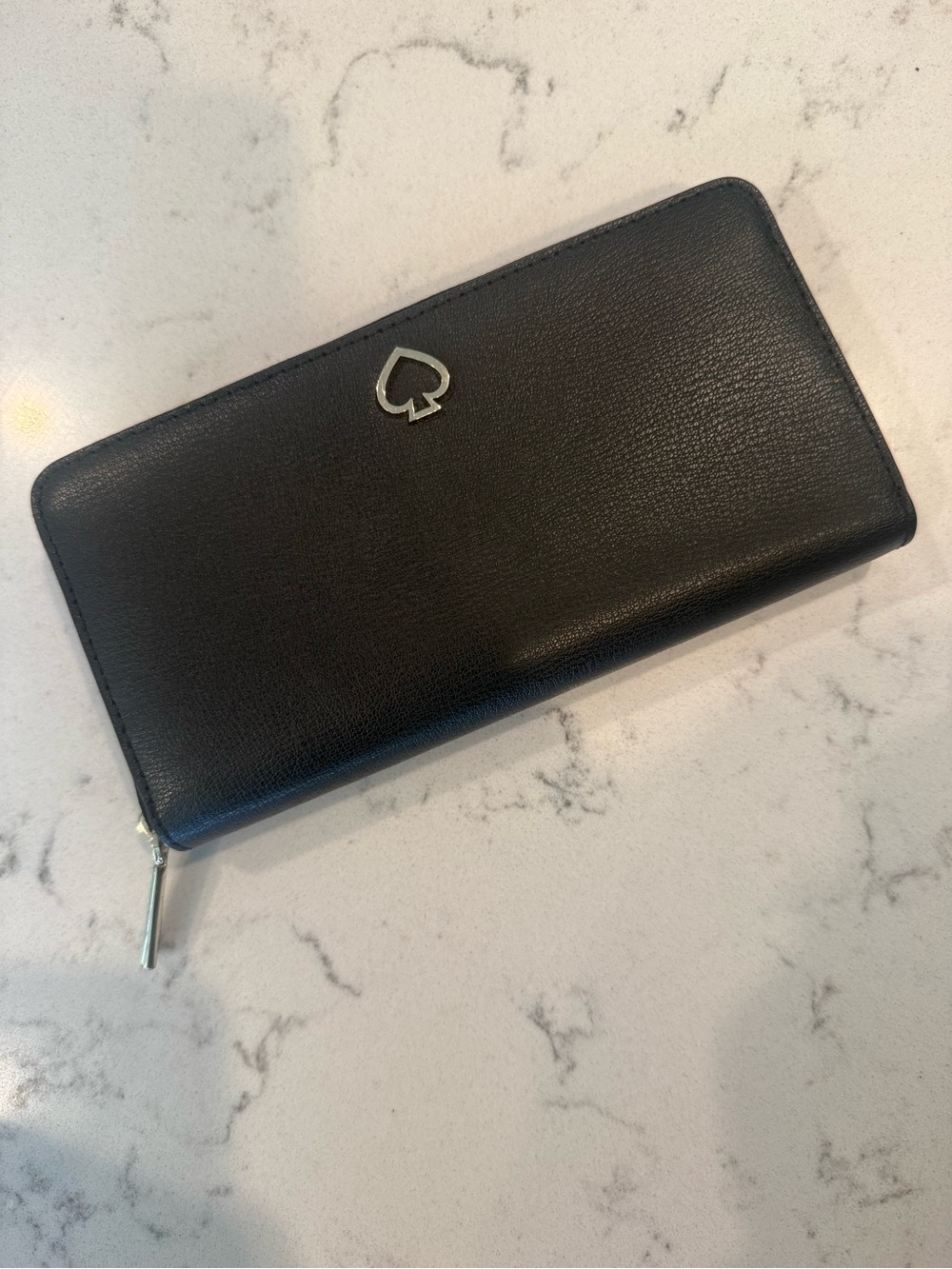 kate spade Black Leather Zip-Around Wallet with Silver Spade Logo